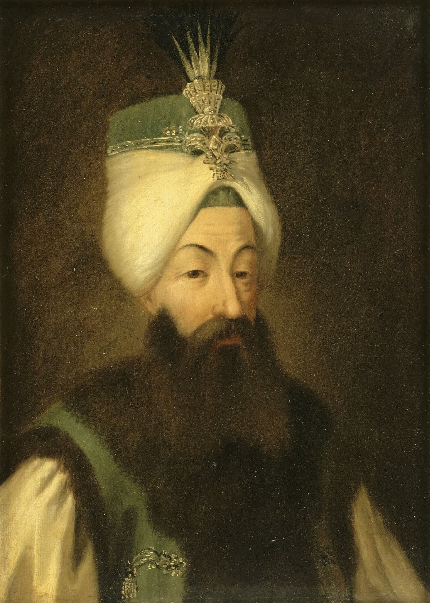 Portrait of Ottoman Sultan Abdulhamid I in a jewelled turban and fur-trimmed robe.