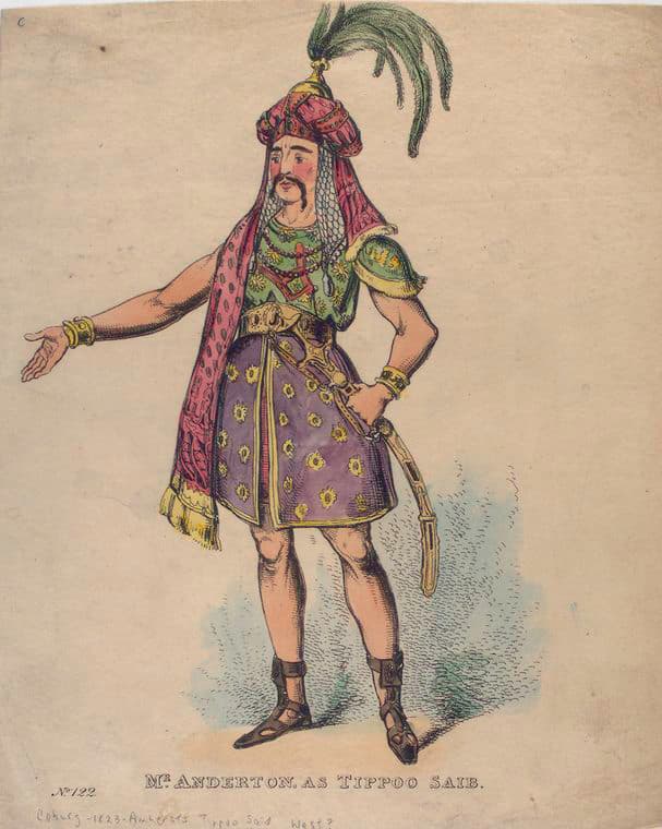 Etching of an actor in turban and robes, posed in character as Tipu Sultan.