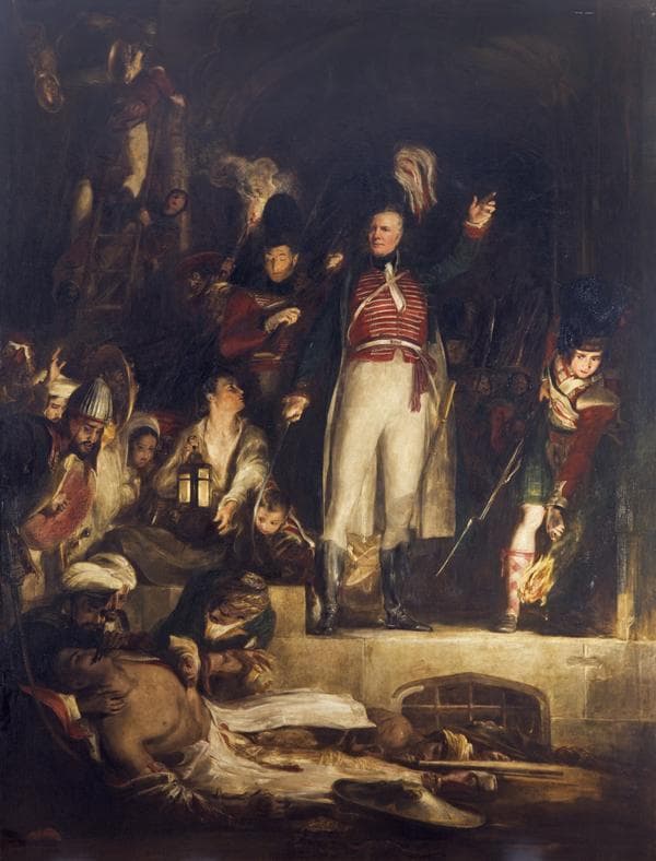 Torchlit painting of General Baird standing over the body of Tipu Sultan, discovered among the dead in a gateway.