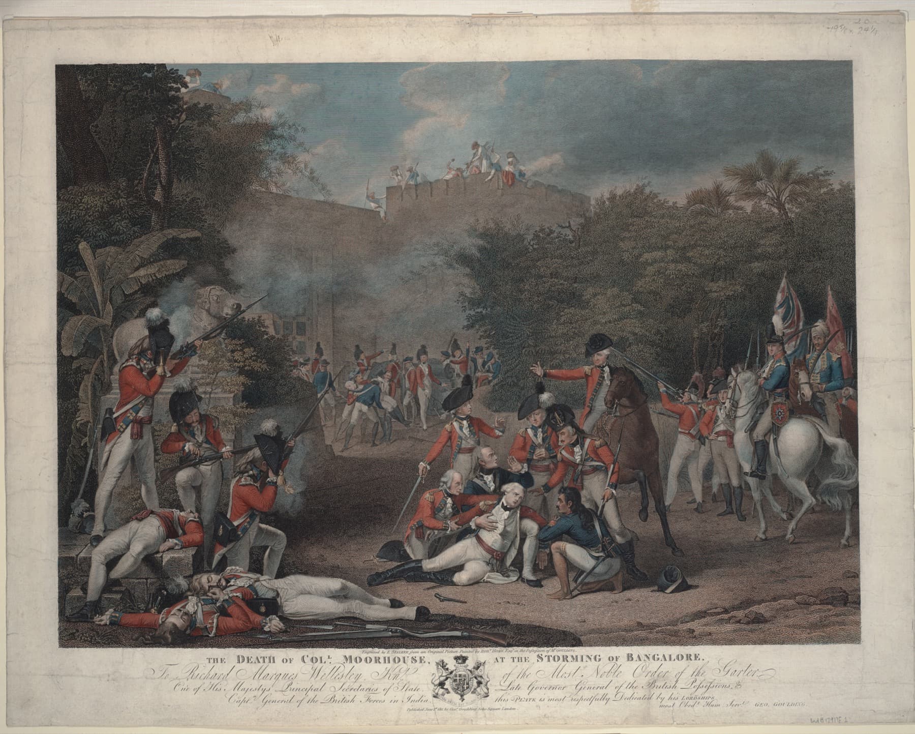 Battle engraving of red-coated British troops storming a fortified gateway amid smoke, with a mortally wounded officer supported in the foreground.