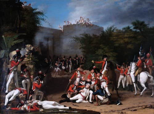 Battle painting of red-coated British troops storming a fortified gateway amid smoke, with a mortally wounded officer supported in the foreground.