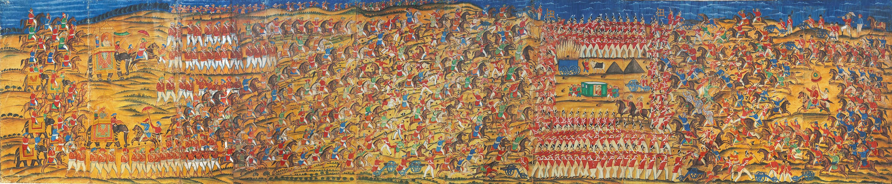 Wide panoramic mural of the Battle of Pollilur showing masses of Mysorean cavalry enveloping red-coated British infantry squares, with an ammunition wagon exploding.