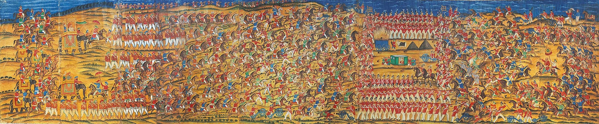 Wide panoramic mural of the Battle of Pollilur showing masses of Mysorean cavalry enveloping red-coated British infantry squares.