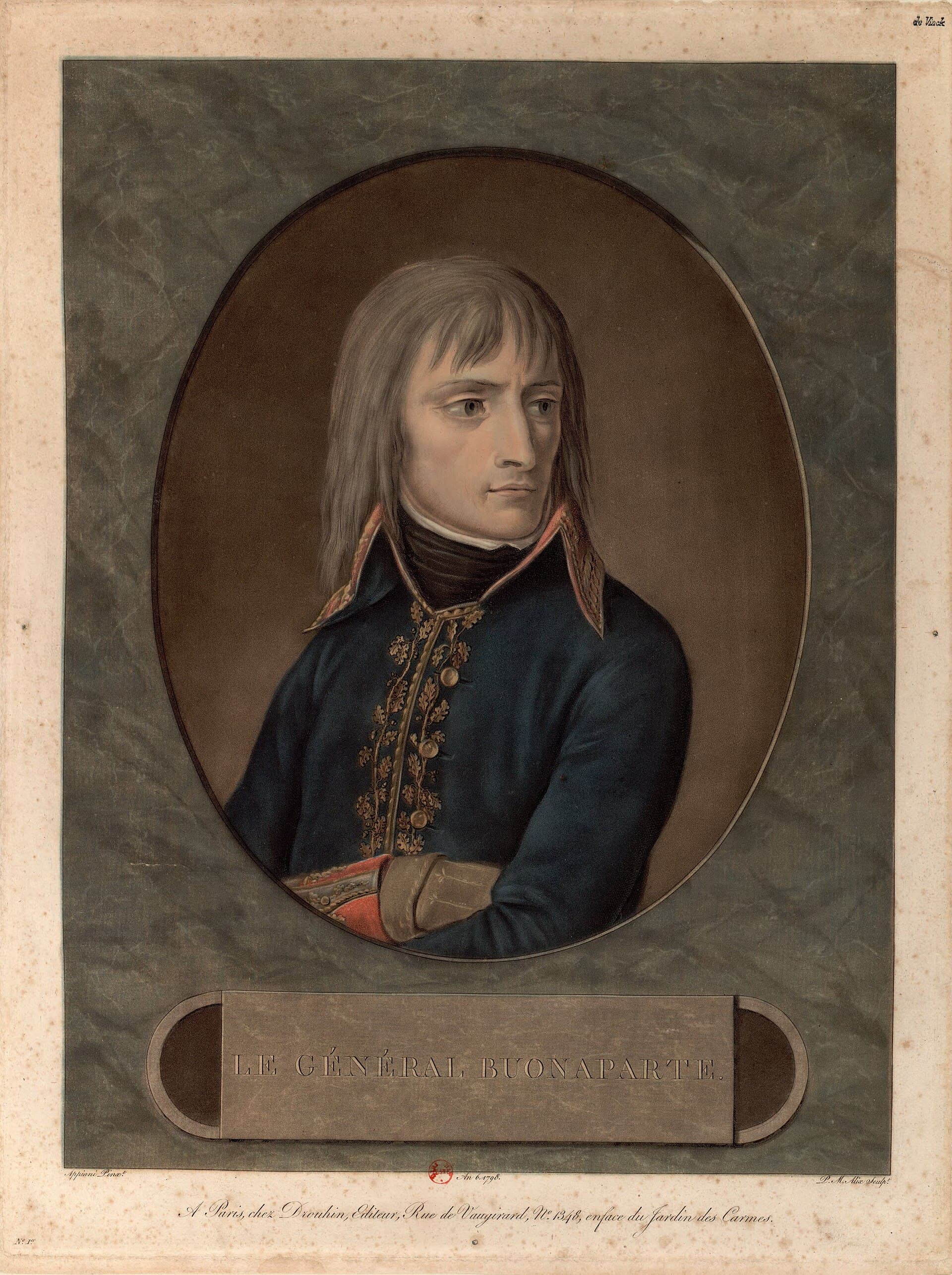 Colour-printed portrait of a gaunt, long-haired General Bonaparte in a dark blue uniform coat with gold embroidery, lettered LE GENERAL BUONAPARTE.
