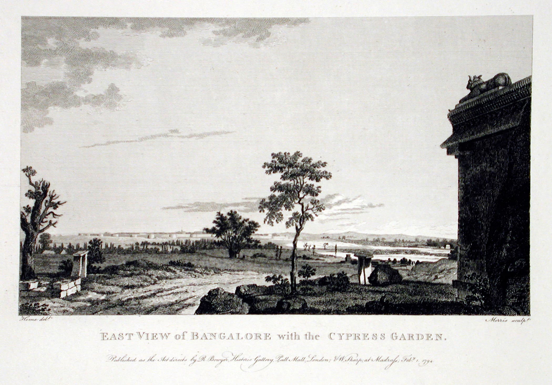Etched view across open ground to Bangalore, with a dense stand of tall narrow cypresses marking the walled garden in the middle distance and the fort and hills beyond.