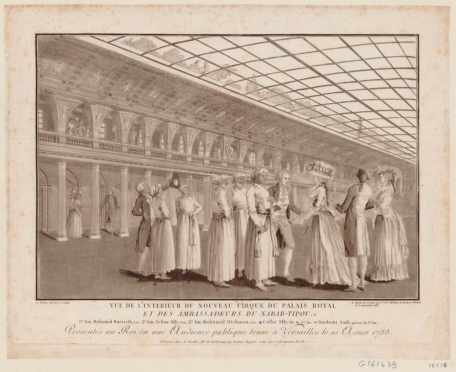 Aquatint of a long glazed gallery at the Palais Royal, with three turbaned Mysorean ambassadors and their suite standing among fashionable Parisians in 1788 dress.
