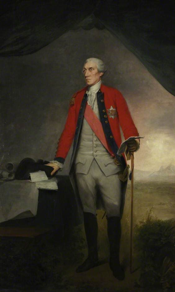 Oil portrait of Lieutenant-General Sir Eyre Coote in red uniform coat with gold facings.