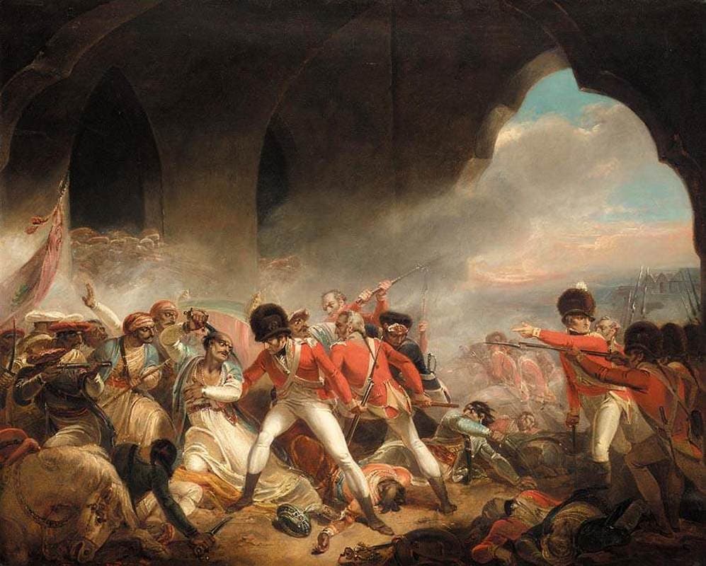 Dramatic painting of Tipu Sultan fighting amid smoke and fallen soldiers during the storming of Srirangapatna.
