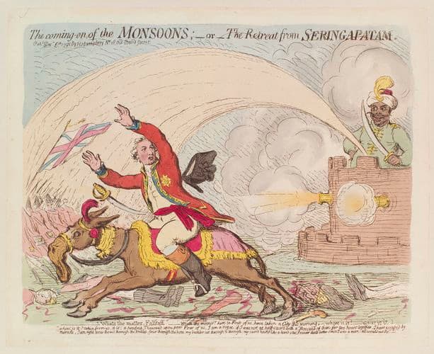 Hand-coloured caricature: Cornwallis in uniform flees on a goat while a turbaned Tipu Sultan fires a cannon from the walls of Seringapatam.