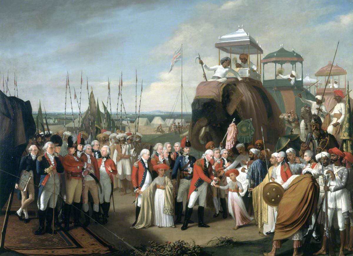 Oil painting of Tipu Sultan's two young sons being received by Lord Cornwallis and British officers as hostages.
