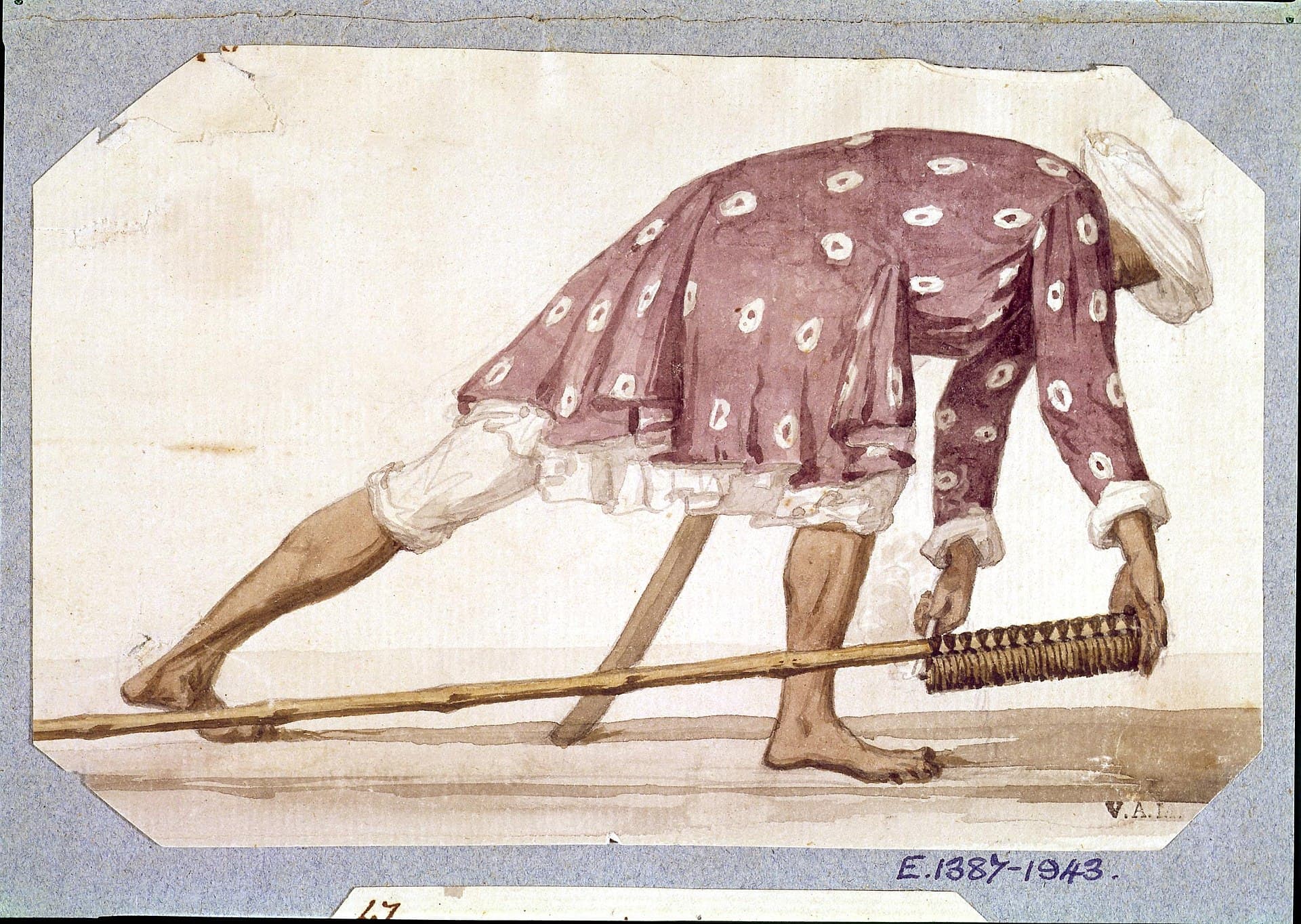 Watercolour study of a Mysorean rocketman bending forward to aim a bundle of rockets lashed to a long guide-stick.