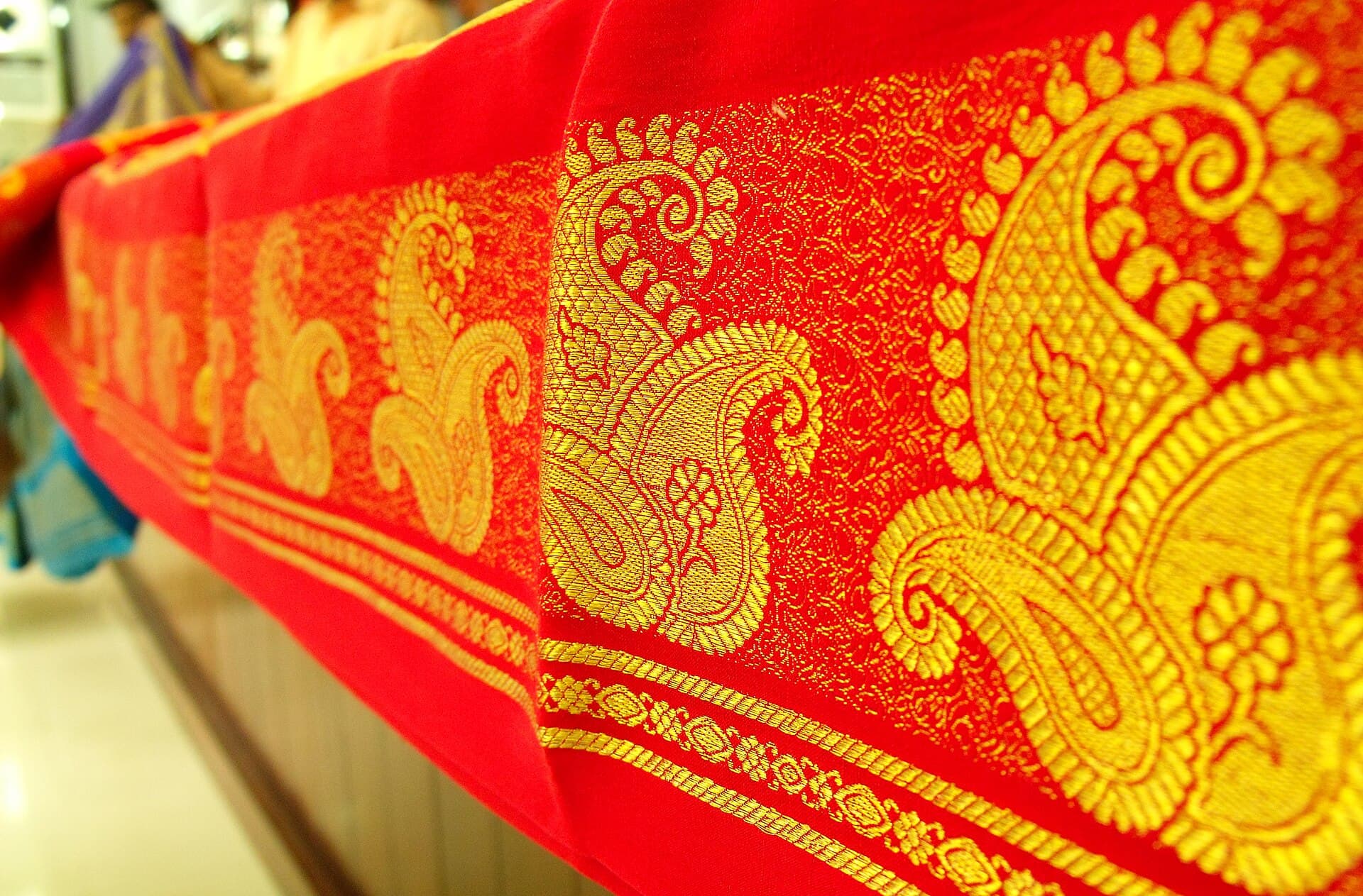 A folded Mysore silk saree in deep colour with a broad gold zari border.