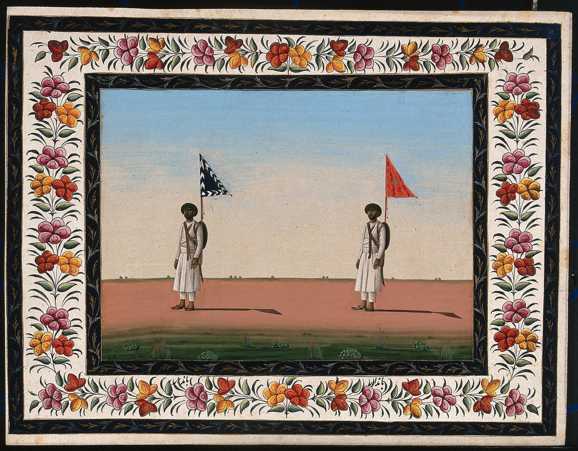 Gouache painting by an Indian artist of two soldiers on the march, one carrying a sword and the other a pack with a pennant.