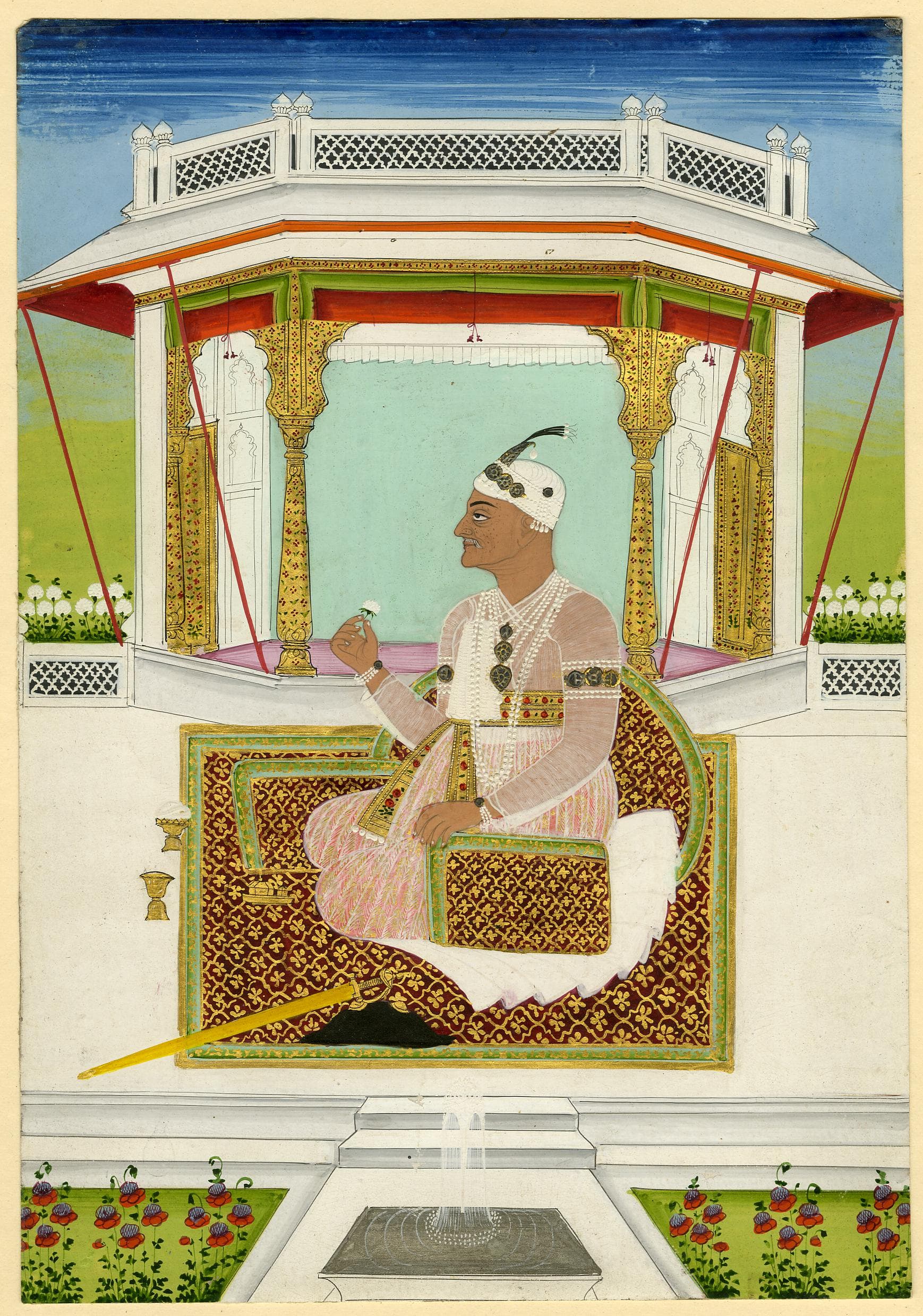 Portrait of Nizam Ali Khan, Asaf Jah II, seated on a carpet in an open pavilion.