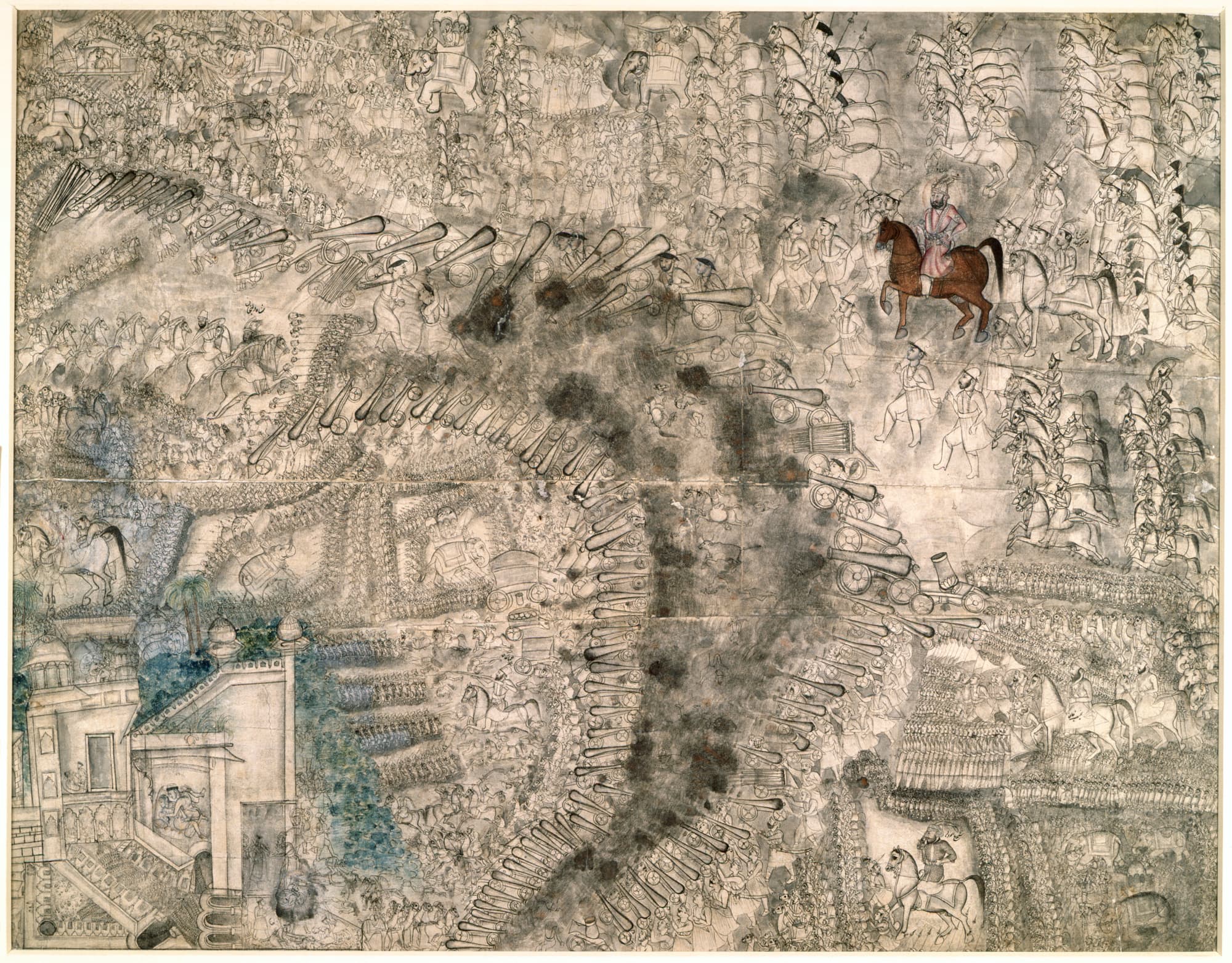 A Faizabad-style painting of the Third Battle of Panipat: two vast armies locked together across the field, with cavalry, elephants and artillery, the principal commanders named in Persian inscriptions.