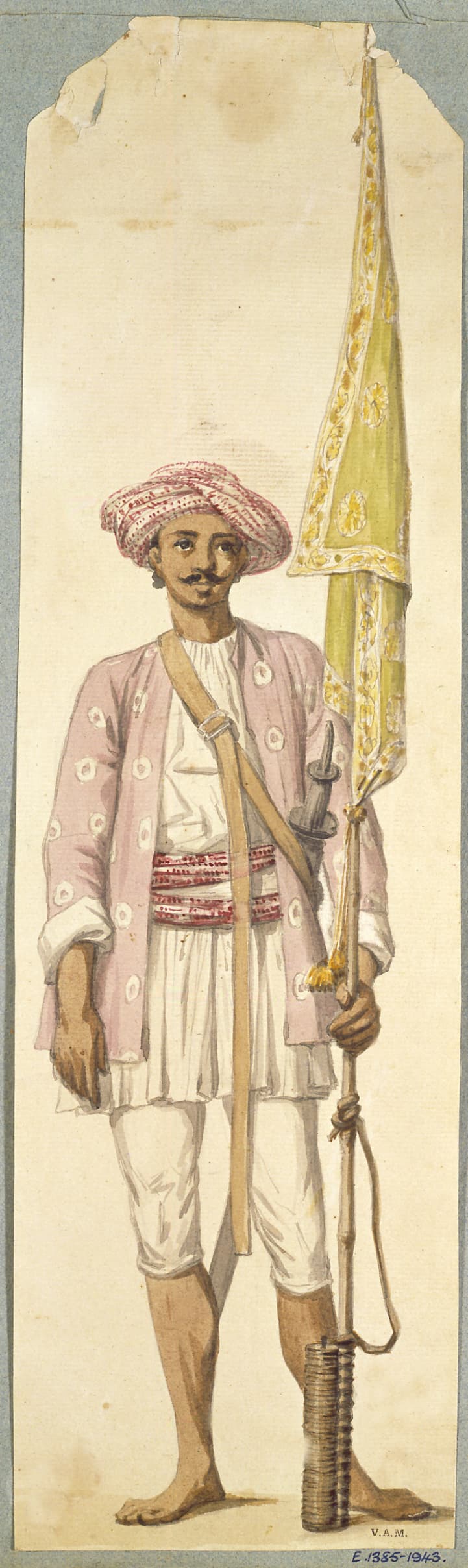 Watercolour of a Mysorean soldier in a tiger-patterned jacket standing with a rocket guide-stick used as a flagstaff, a bundle of iron-cased rockets at his feet.