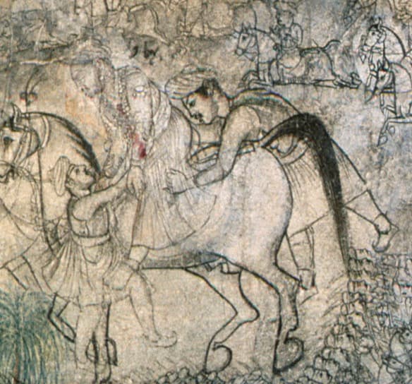 Detail from the Panipat painting: Sadashiv Rao Bhau on horseback in gilded armour among his cavalry.
