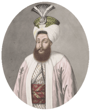 Engraved portrait of Sultan Selim III seated in robes and plumed turban.