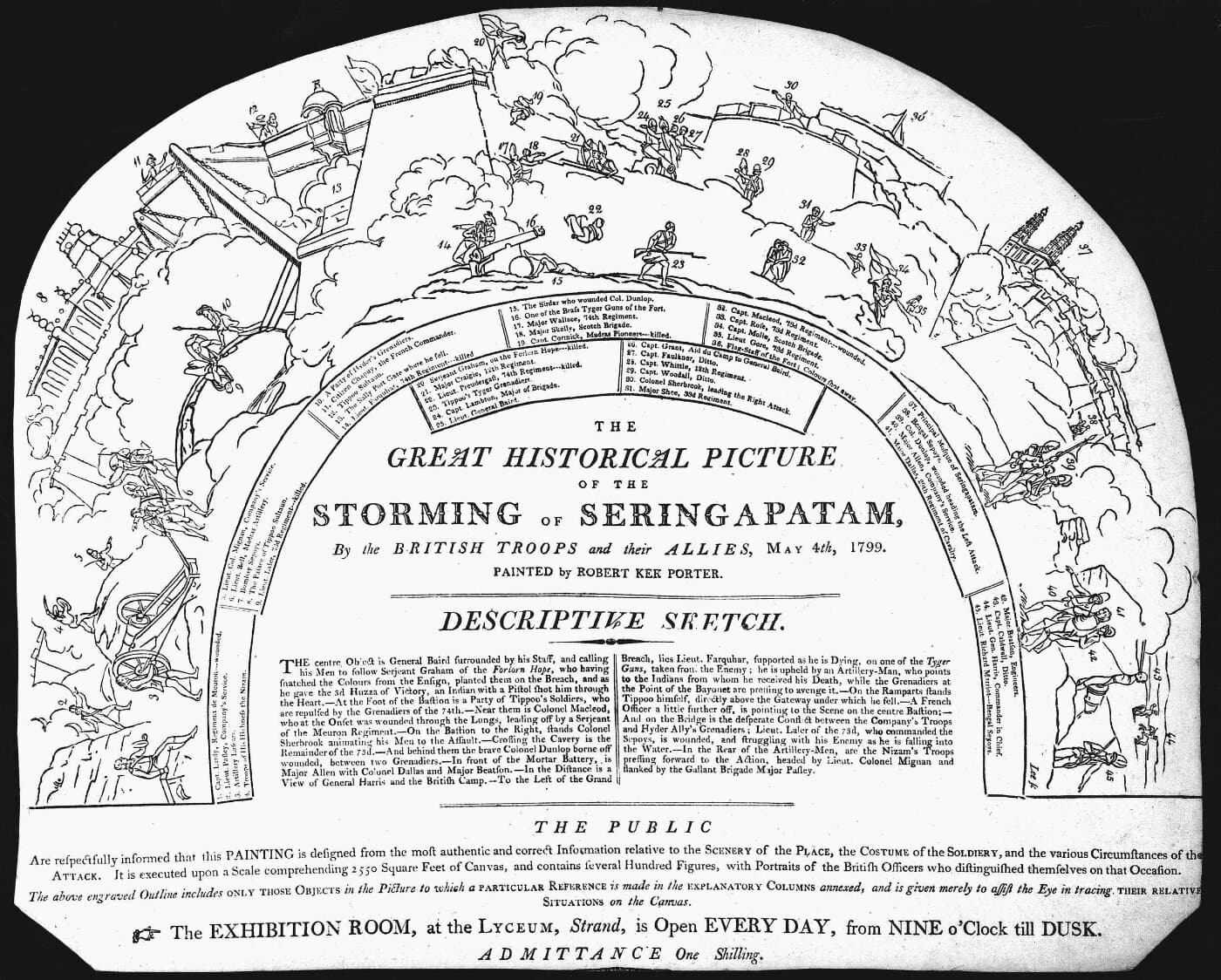 Engraved fan-shaped key to a panorama painting, numbered outline figures around a printed descriptive text about the storming of Seringapatam.
