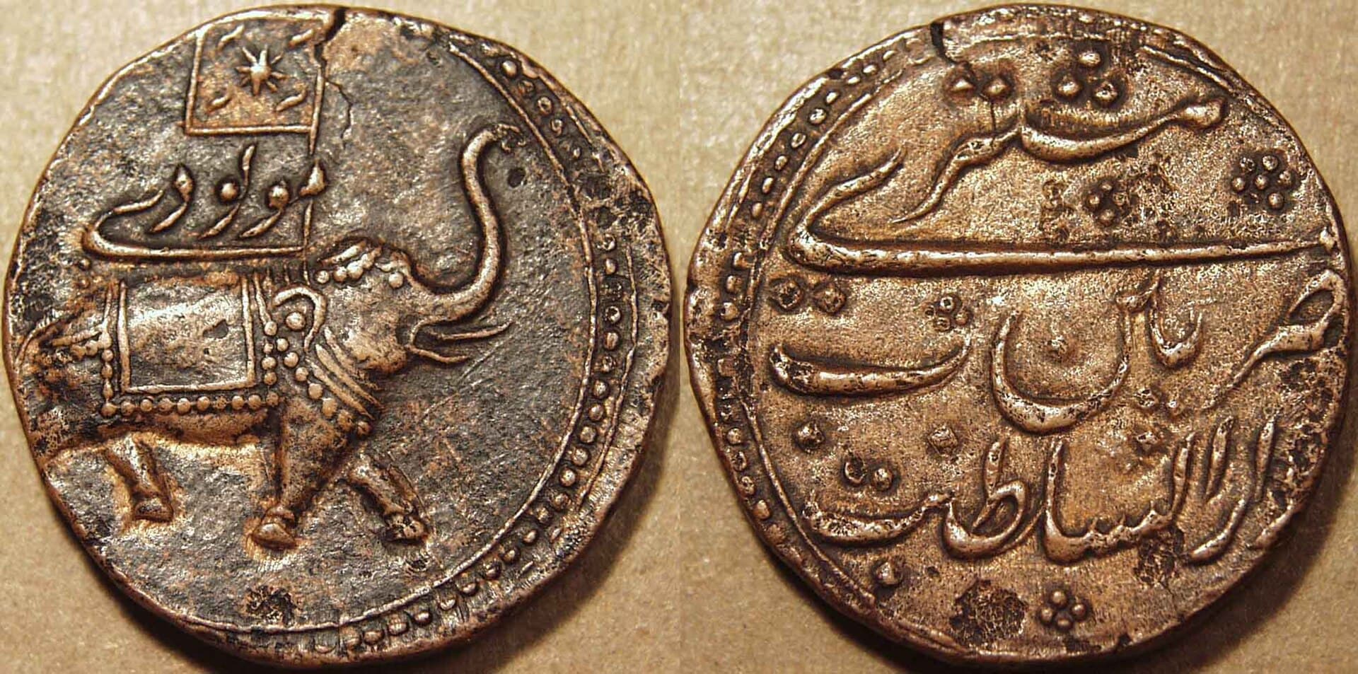 Obverse and reverse of a copper coin: a caparisoned elephant walking left, and a Persian inscription on the other face.