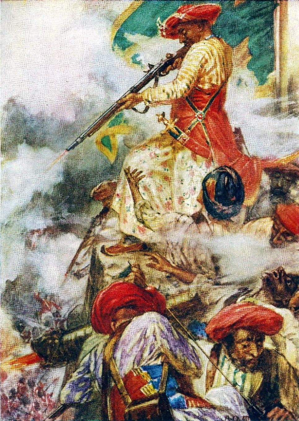 Painting of Tipu Sultan standing amid gunsmoke firing a musket, the green and red Mysore standard behind him and wounded defenders fallen at his feet.