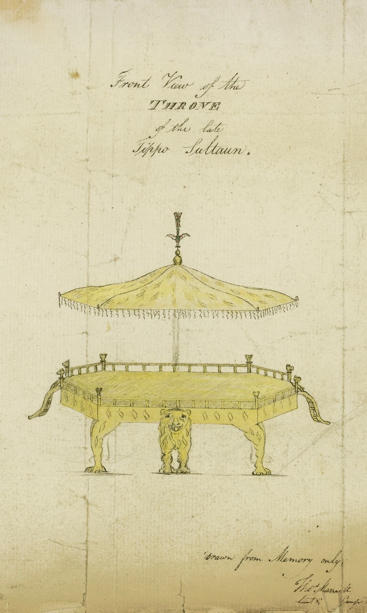 An 1799 pen and watercolour drawing titled 'Front View of the Throne of the late Tippo Sultaun': an octagonal platform on a tiger's body, with a fringed canopy above and a small bird on the canopy's finial. Inscribed 'Drawn from Memory only'.