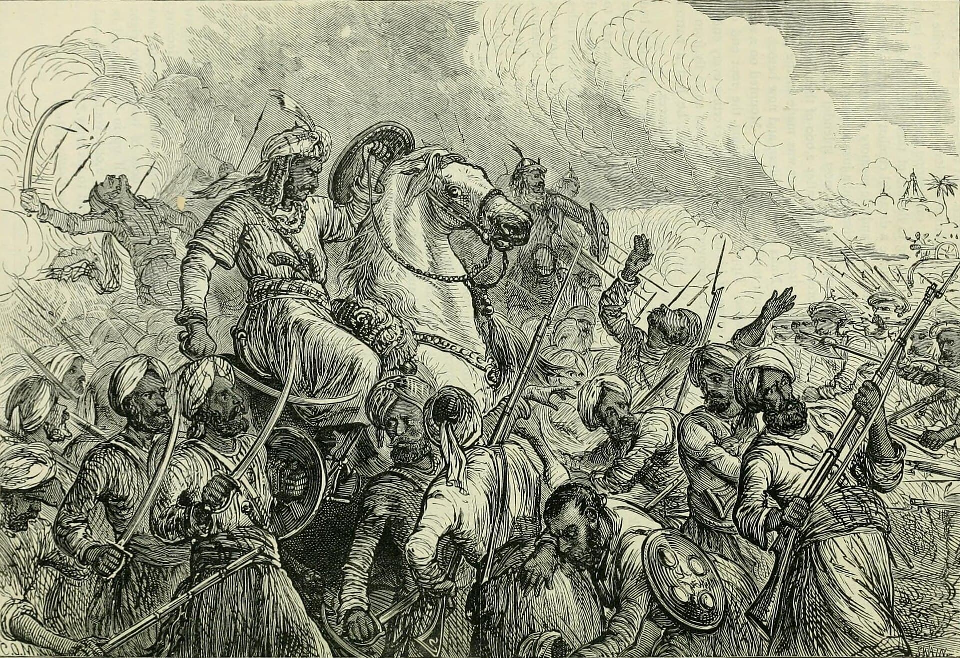 Engraving of Tipu Sultan's troops assaulting the fortified Travancore Lines.