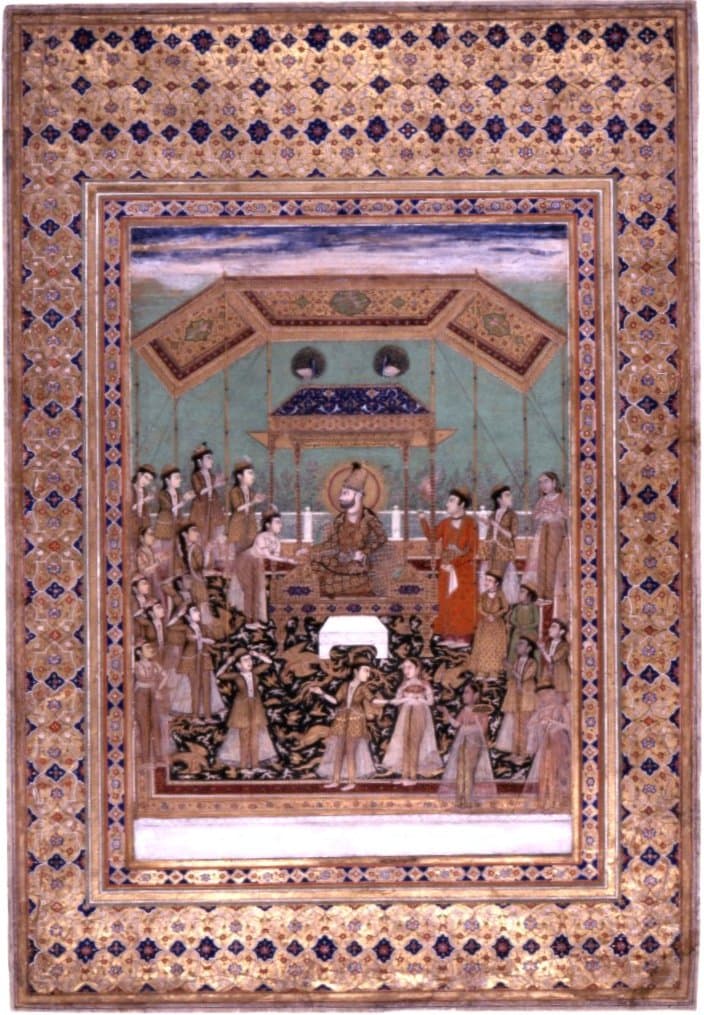 Painting of Zaman Shah Durrani enthroned in durbar, attended by courtiers.
